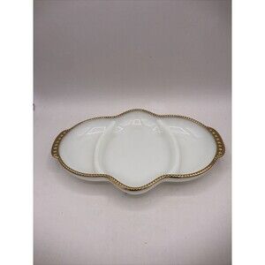 Vintage Fire King Oven Ware White Milk Glass with Gold Trim Divided Dish 11" USA